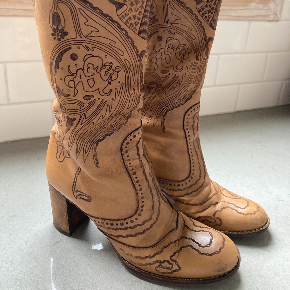 Anthropologie Tan Embroidered Leather Knee-High Heeled Boots - Picture 4 of 11